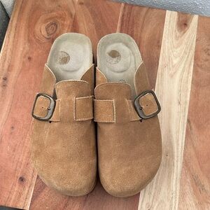 Tan Suede Mules with Buckle